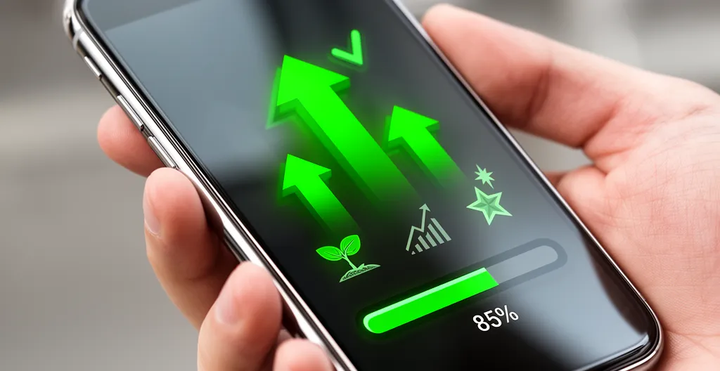 Main tenant un smartphone affichant des indicateurs positifs avec sourire visible en arrière-plan