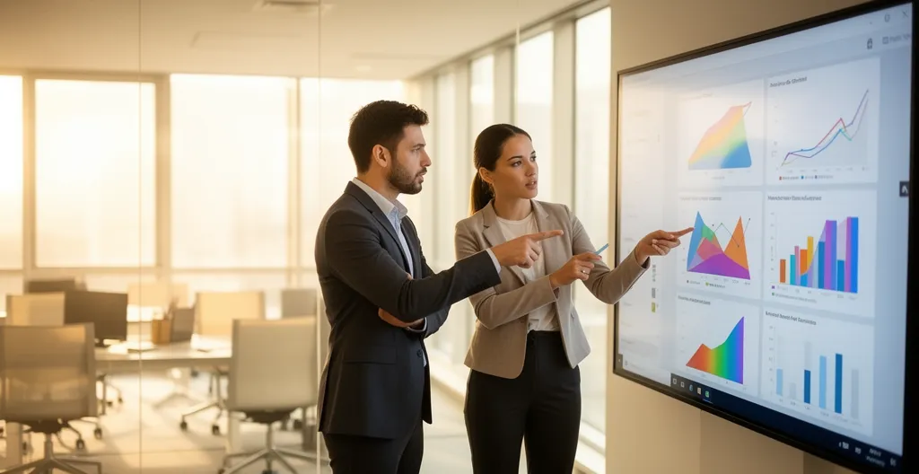 Deux professionnels face à un écran partagé analysant des courbes de croissance