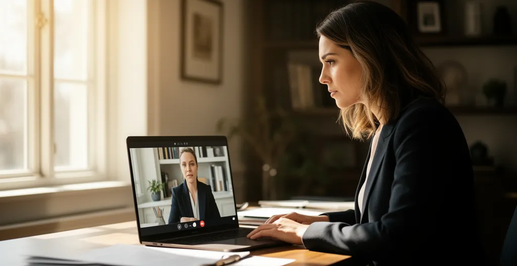 Professionnelle concentrée devant un ordinateur portable avec interlocuteur visible à l'écran